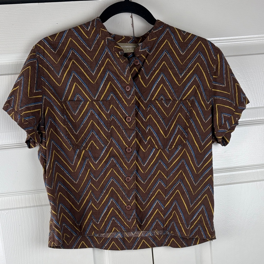 Vintage Liz Claiborne Brown Chevron Linen and cotton Button Down Shirt Size 10
